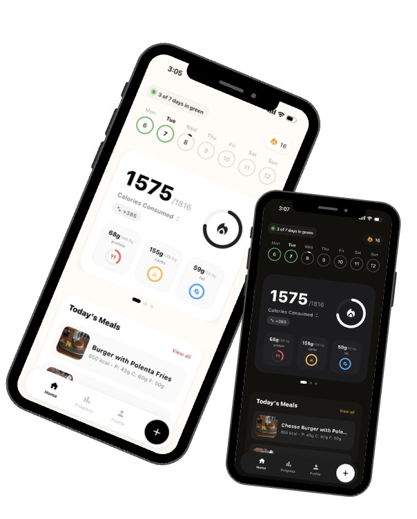 CalFlows: inicio en modo claro y oscuro, calendario y calorías del día.