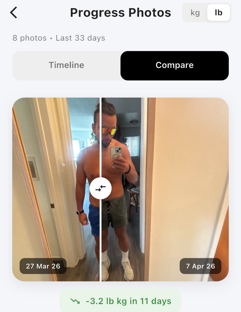 CalFlows app — Progress Photos, Compare view